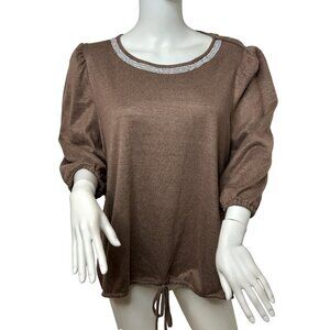 89th + Madison Women’s Blouse 2X Brown Rhinestone Pearl Collar 3/4 Puff Sleeves